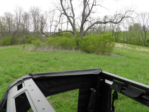 3 Star rear window on a Polaris Ranger 570 MidSize rolled open, view from inside the cab