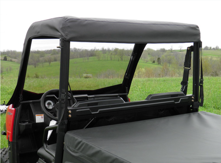 Rear view of the 3 Star vinyl top on a red Polaris Ranger 570 midsize with a clear rear window and bed cover also fitted