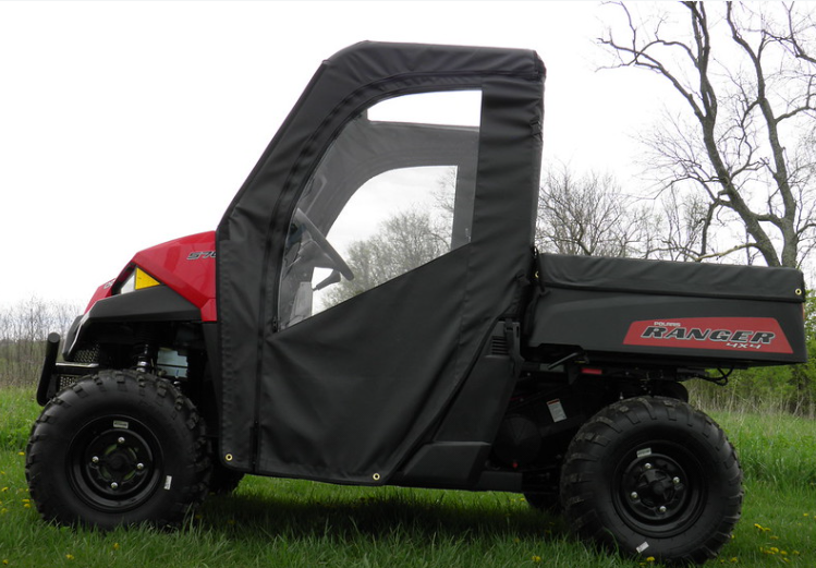 3 Star soft doors kit on a red Polaris Ranger 570 MidSize, driver side view with black fabric door and clear window