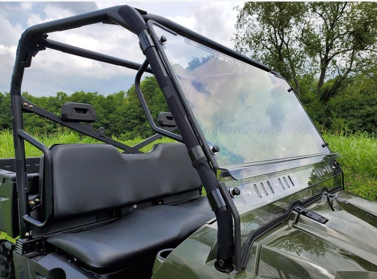 Passenger side view of the 3 Star 2-piece windshield on a green Polaris Ranger 570 FullSize with bench seat