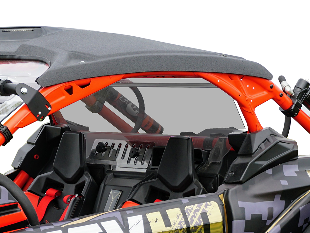 Spike rear windshield for Can-Am Maverick X3 and X3 MAX: tinted rear windshield behind an orange roll cage, rear view