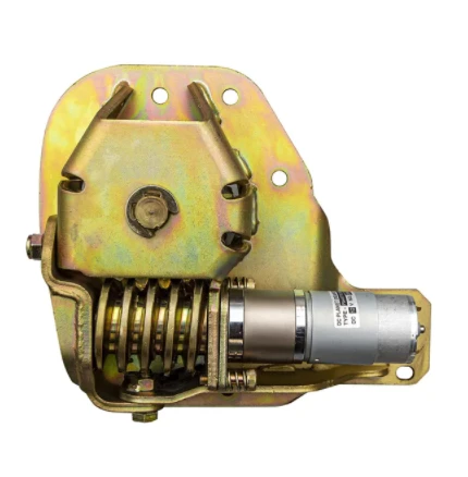 Kolpin power angle actuator uncovered showing the zinc-plated gear bracket and electric motor, on white
