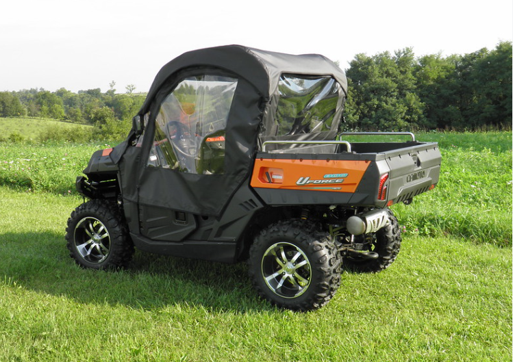 Rear three-quarter view of the CF Moto UForce showing the 3 Star soft upper doors, rear window and top