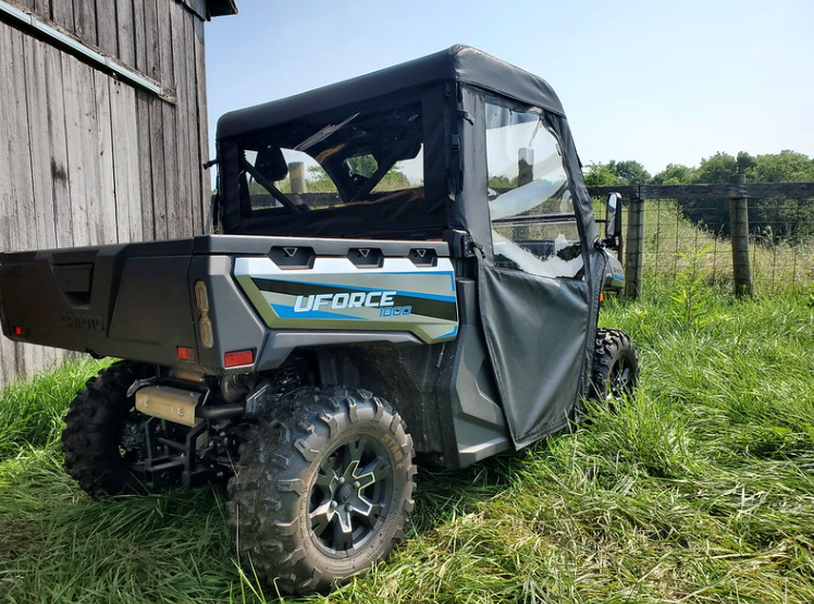 3 Star full cab enclosure for hard windshield on a gray CF Moto UForce 1000, rear three-quarter view
