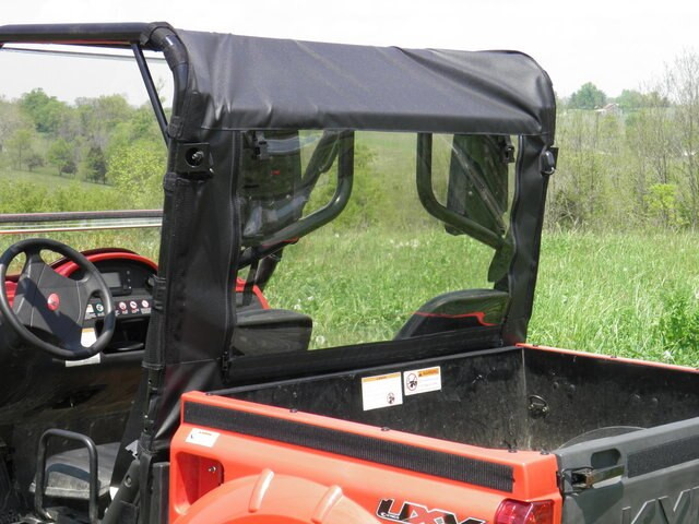 Close-up from the bed side of the 3 Star soft rear window and door panel on the Kymco 700, showing zippers and roof edge