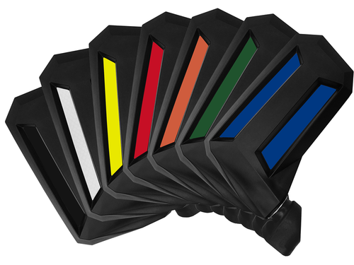 Fan of seven Spike Reflex side view mirror housings showing the white, yellow, red, orange, green, blue and black inserts