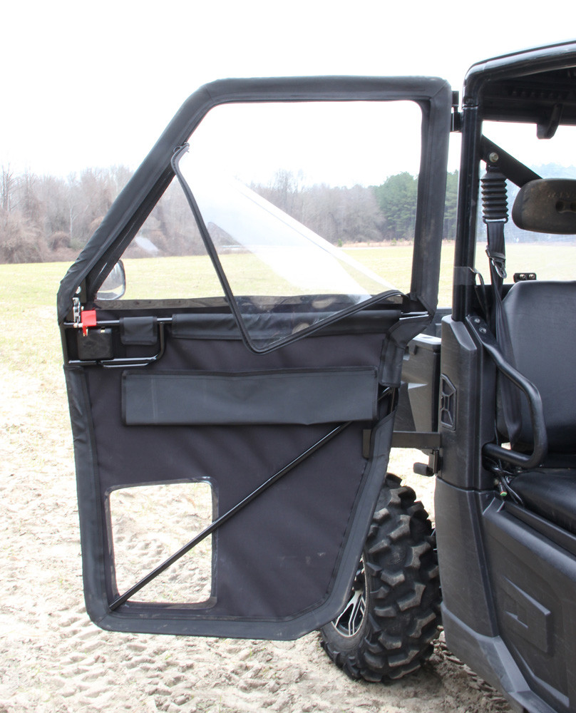 Seizmik hard framed door on a Polaris Ranger XP800 with the clear vinyl upper window partly unzipped, door swung open