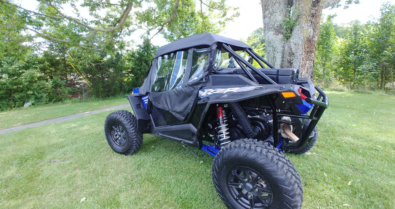Rear three-quarter view of a Polaris RZR XP Turbo S with the 3 Star soft doors and rear window fitted