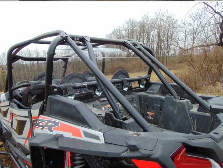 3 Star rear windshield with upper extension on a Polaris RZR XP 4 Turbo S, viewed from the driver side cage