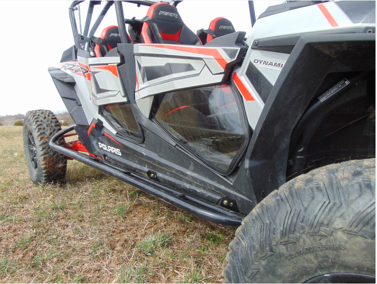 3 Star lower door inserts on a white and red Polaris RZR XP 4 Turbo S, close driver side view of the tinted lower panels