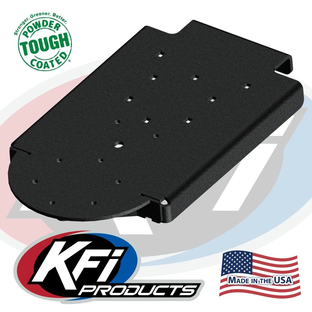 Black KFI UTV plow tube track extension, flat steel plate with bolt-hole pattern, angled on white