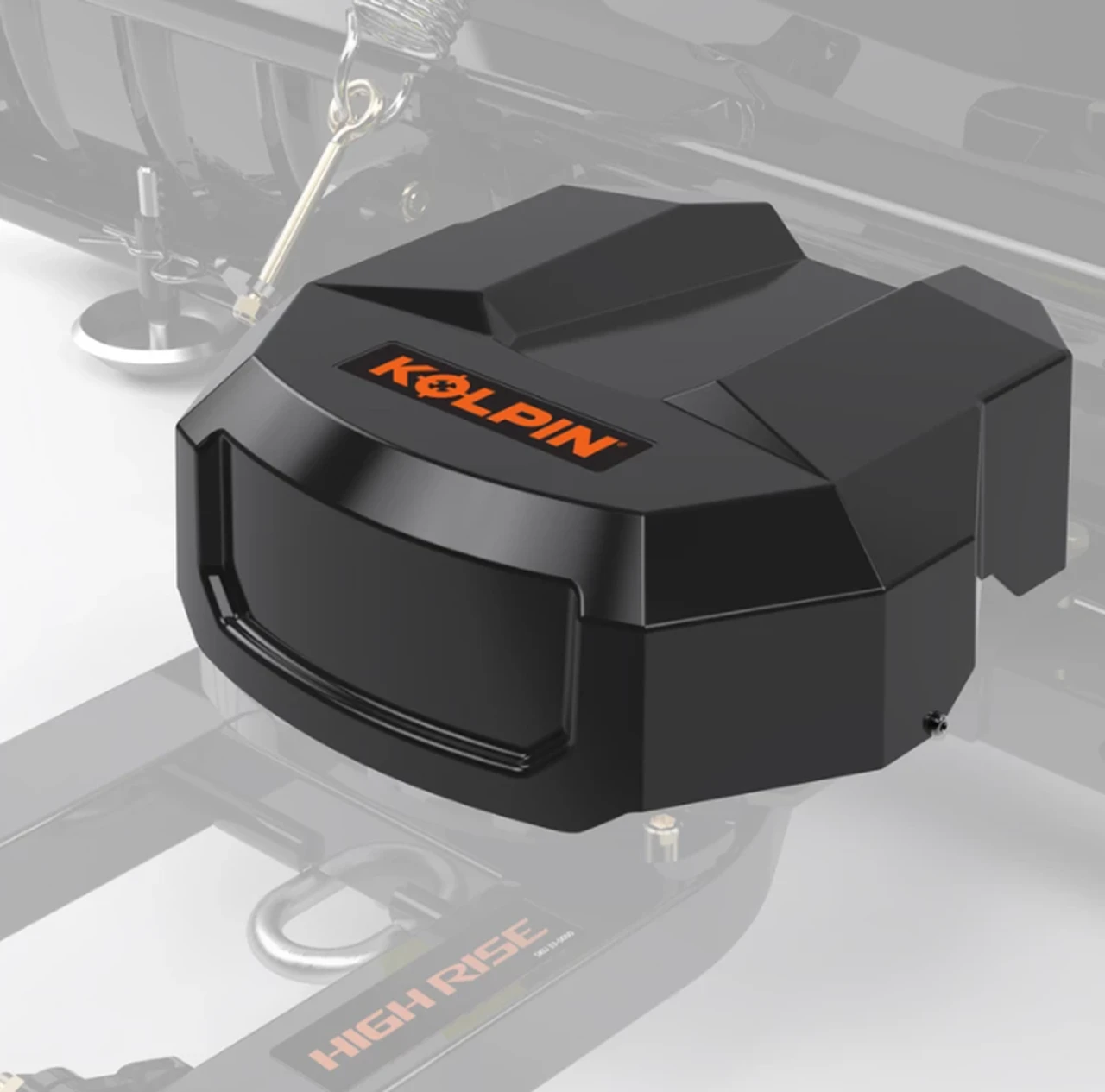 Close-up of the Kolpin electric plow actuator housing mounted on the Conqueror push frame