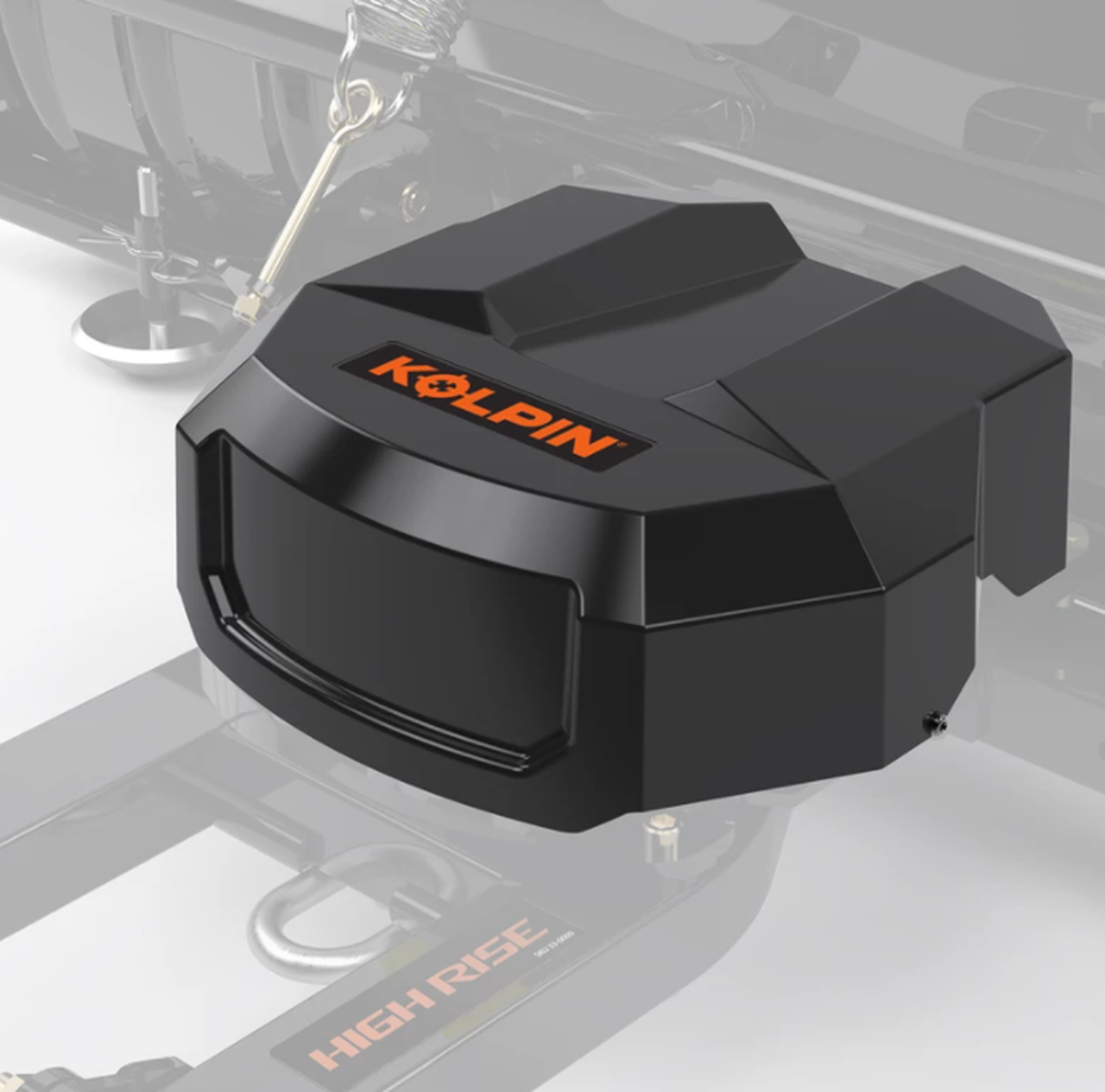 Kolpin Conqueror plow kit for Kawasaki winch unit mounted on the push frame, close-up rendering