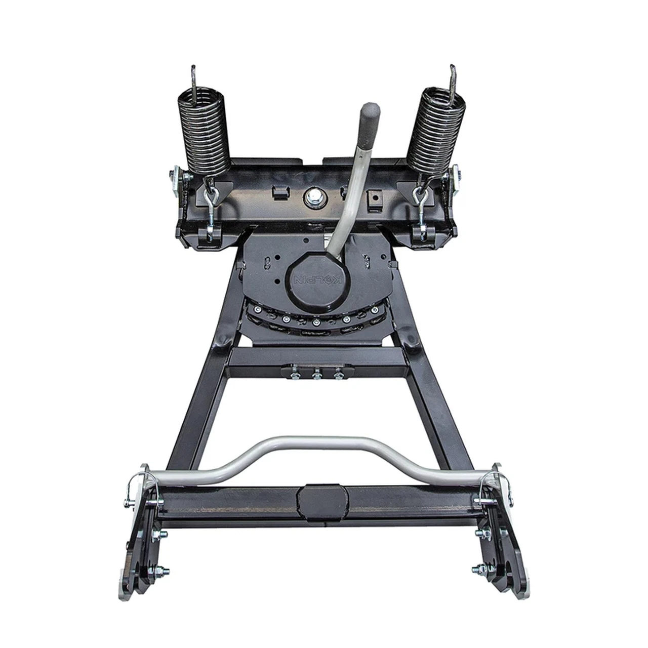 Kolpin Conqueror plow push frame and mount with dual trip springs and pivot, top-down view on white