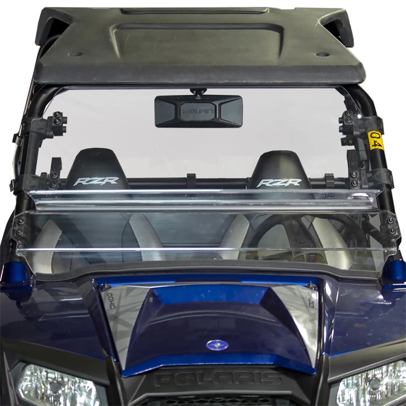 Straight front view of a blue Polaris RZR with the Kolpin full tilting windshield closed under the roof, mirror inside