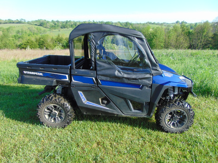 Passenger side view of an Arctic Cat Stampede with the 3 Star soft doors zipped and rear window fitted