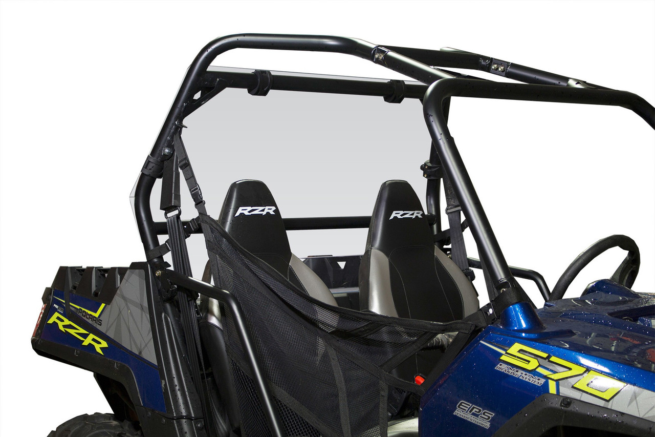 Kolpin clear rear window on a Polaris RZR roll cage, three-quarter view behind the two seats