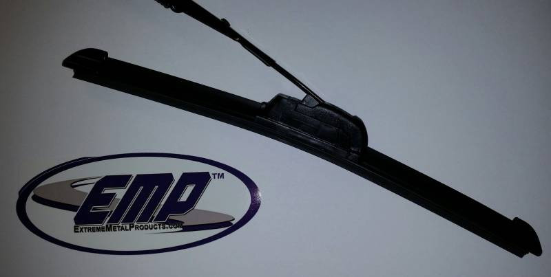 Extreme Metal Products 12-inch wiper blade and arm shown against a gray background with the EMP logo