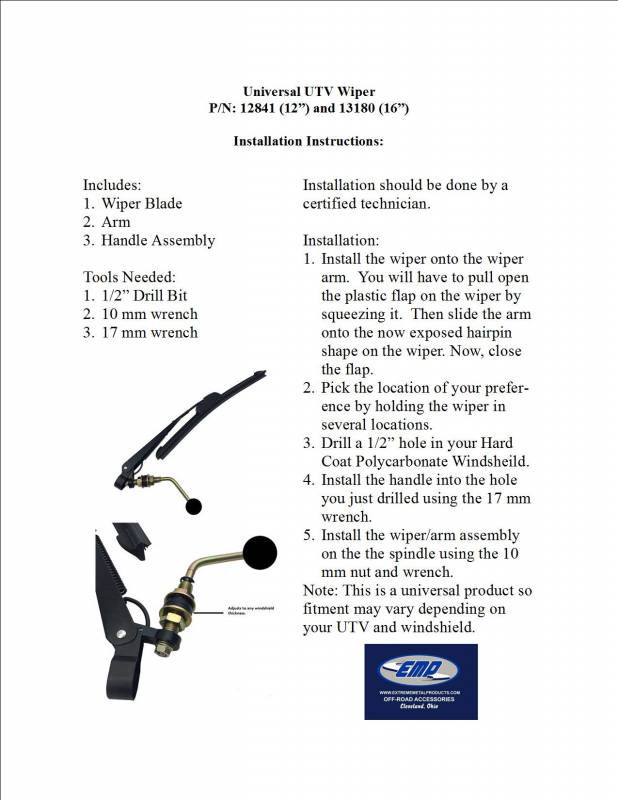 Extreme Metal Products universal UTV wiper installation instruction sheet with parts list and steps