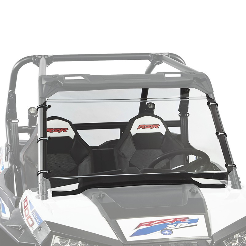 Kolpin full fixed windshield installed on a Polaris RZR 900/XP1000 with seats visible behind, front view