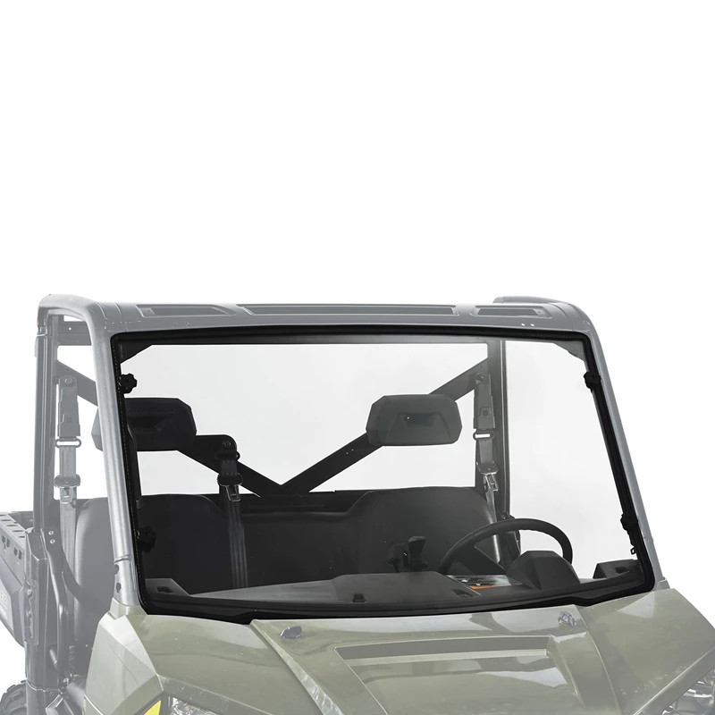 Kolpin full fixed windshield installed on a green Polaris Ranger with profile tubing cage, front view