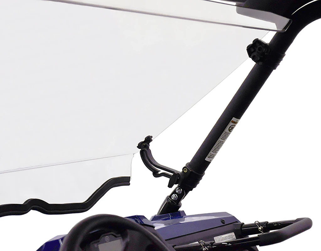Side view of the Kolpin Full Tilt windshield tilted open on the Yamaha Wolverine cage, showing the hinge bracket
