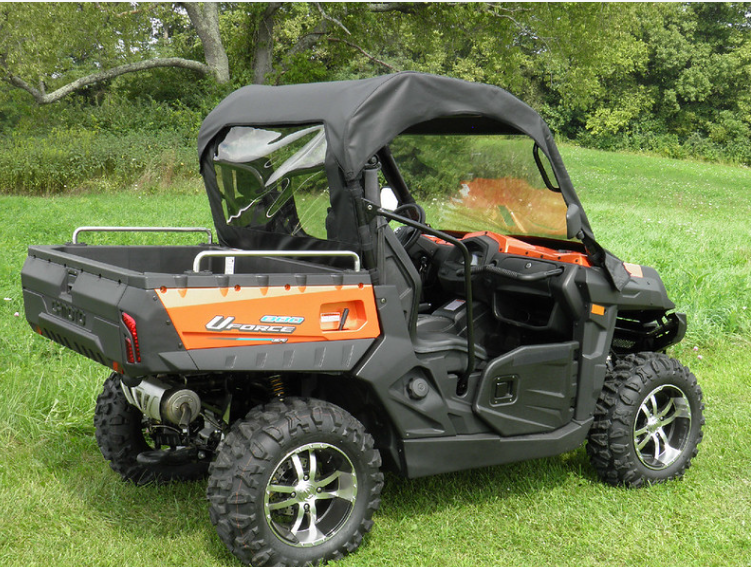 Rear three-quarter view of the 3 Star soft top and clear rear window on an orange CF Moto UForce 800