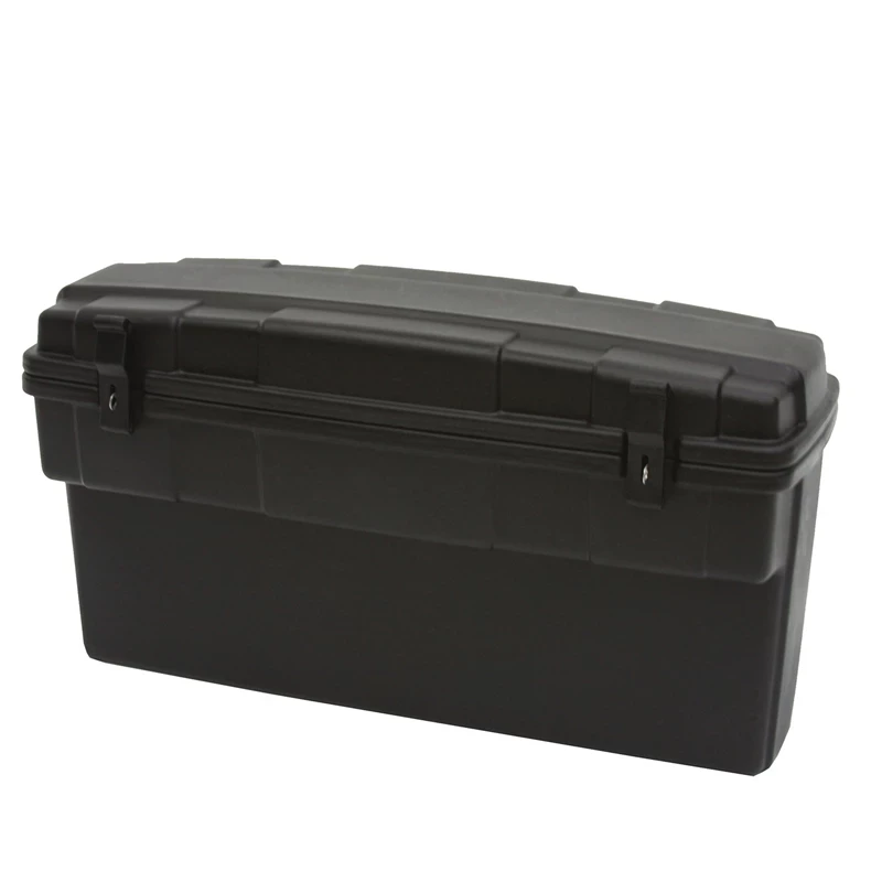 Kolpin UTV saddle storage box, long black molded case with two lid latches, closed and angled on white