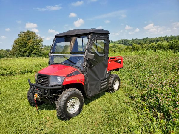 3 Star soft doors and rear window combo installed on a red Coleman/Hisun 400 in a field, front three-quarter view