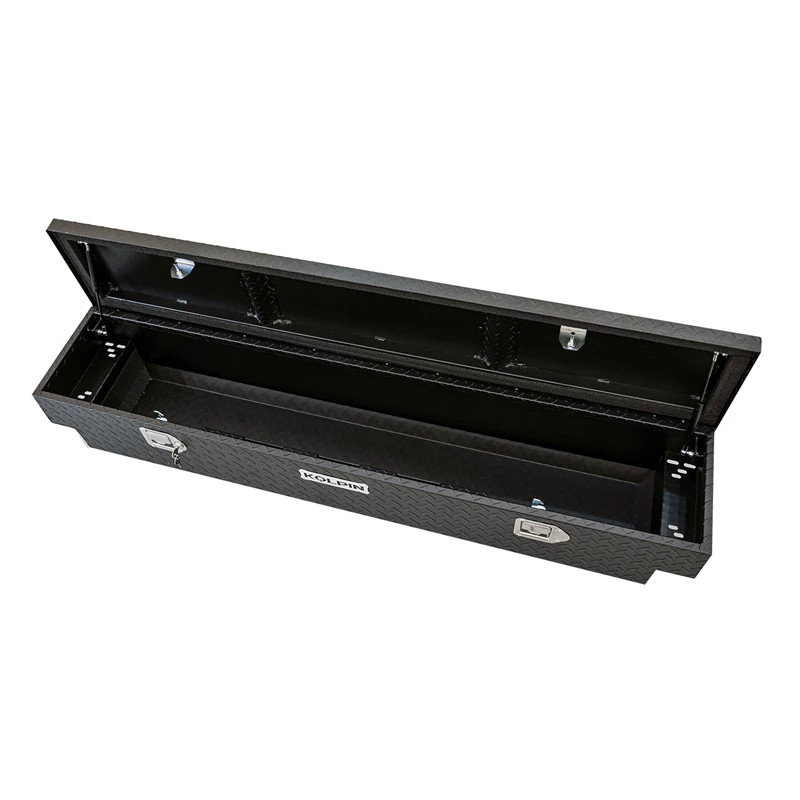 Kolpin UTV aluminum bed box with the lid open showing the empty interior, angled view on white
