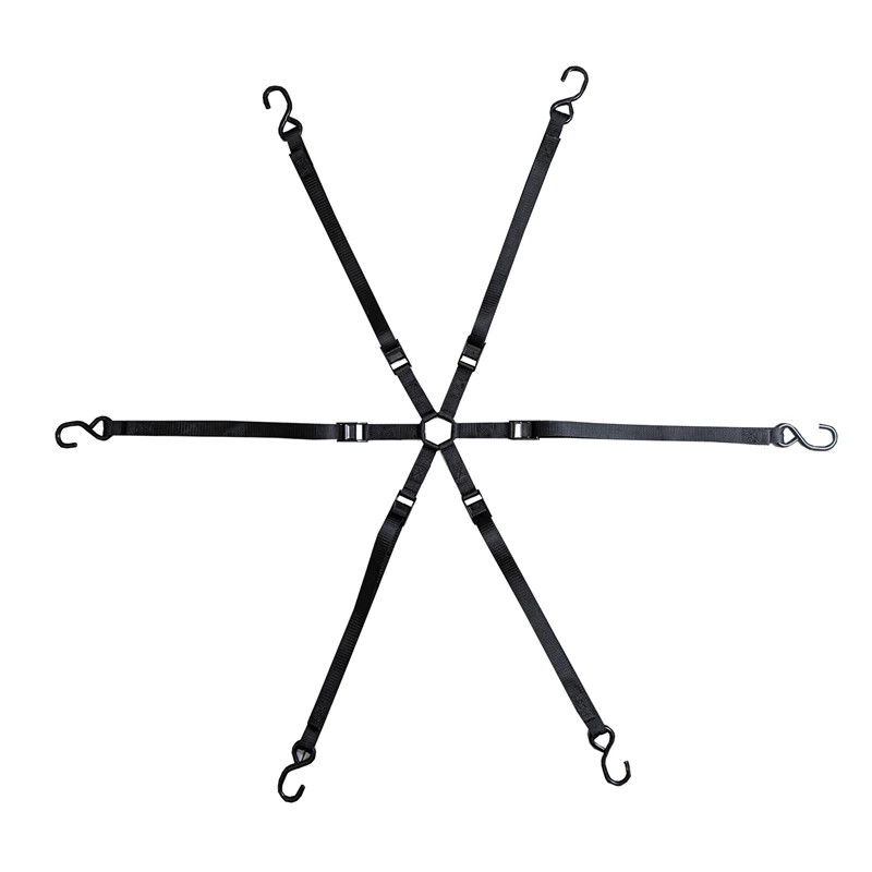 Kolpin cargo spider strap laid flat showing six black arms with hooks and a center ring