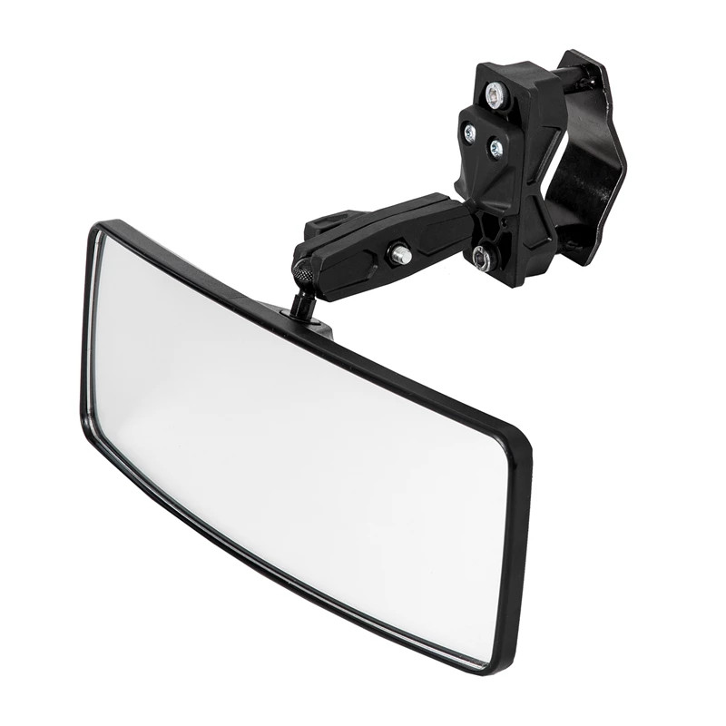 Kolpin rearview mirror with wide convex glass and black roll cage clamp mount, angled studio view on white
