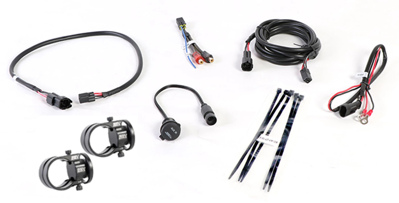 Pro Armor cage audio kit wiring harnesses, power cables, J hook clamps and zip ties laid out on white
