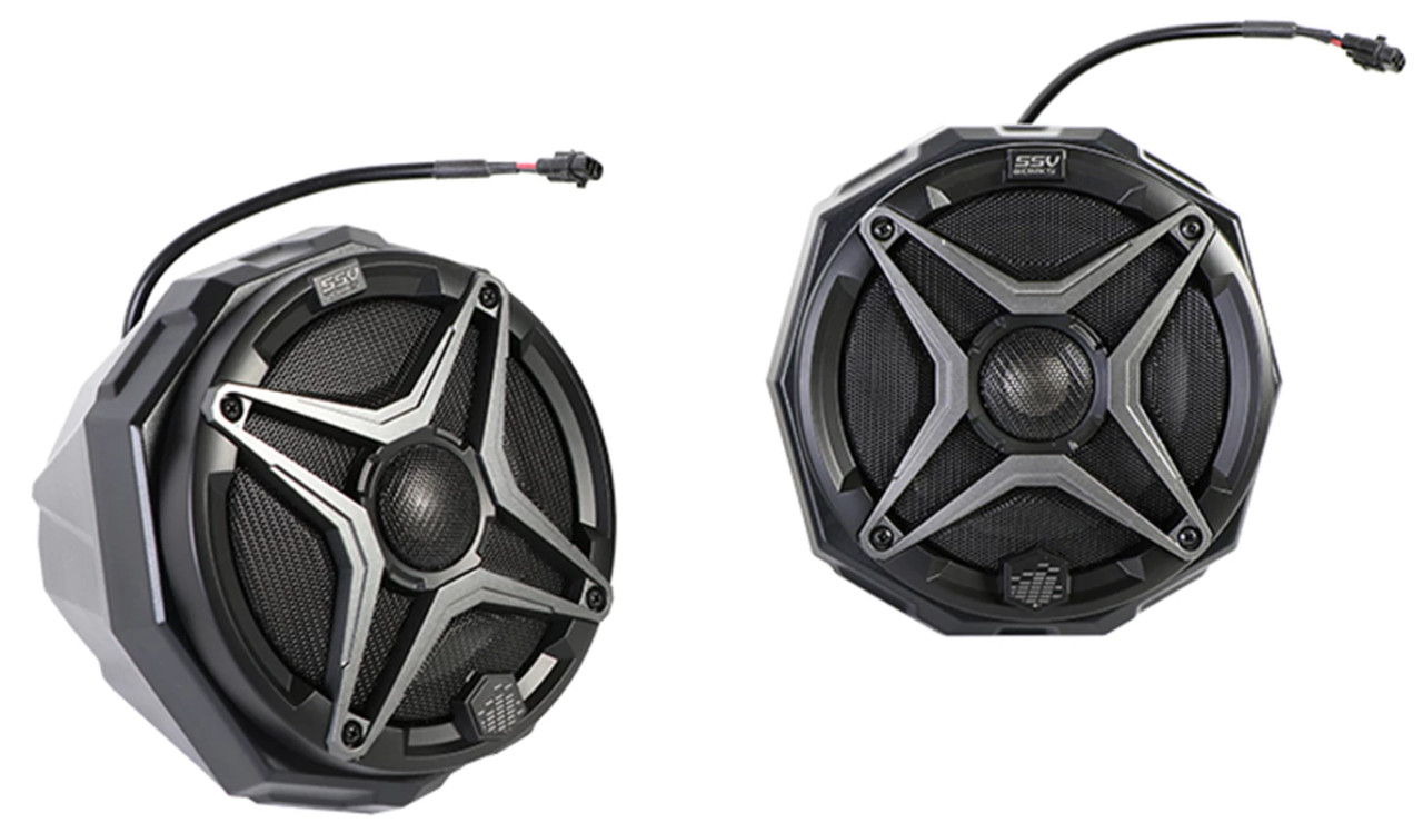Two black Pro Armor cage pod speakers with grilles and wiring pigtails from the two-speaker kit