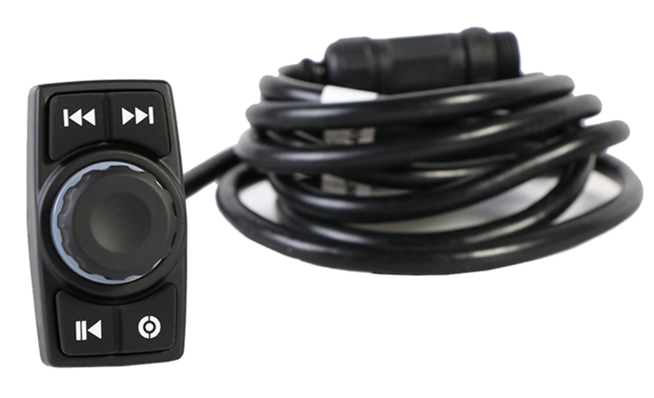 Bluetooth media controller with volume knob, track buttons and cable from the Pro Armor cage audio kit