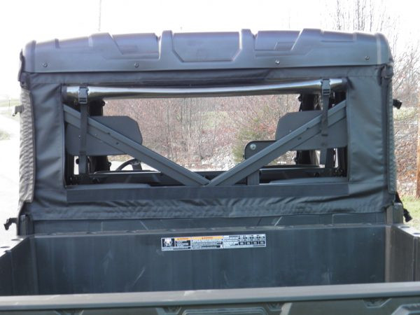 3 Star soft back panel under a hard roof on a Polaris Ranger Crew XP1000, rear view over the bed in winter