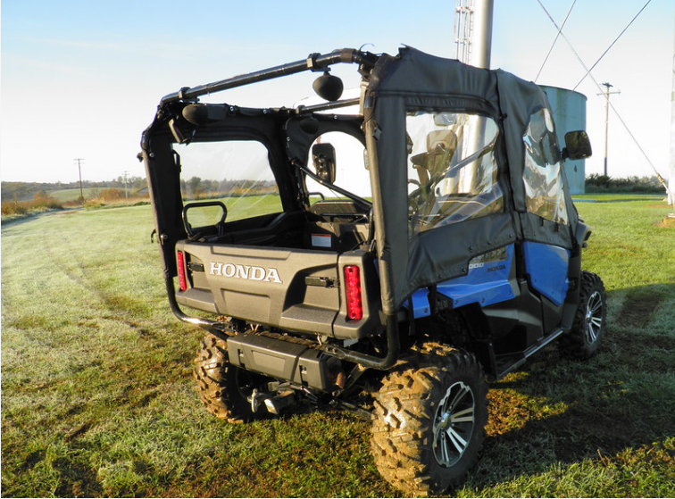 Rear three-quarter view of a blue Honda Pioneer 1000-5 with the 3 Star soft doors on both rows