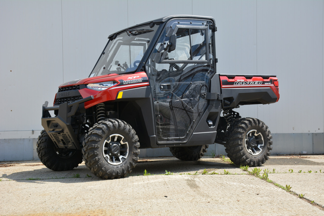 Polaris Ranger XP1000 hard cab enclosure by HardCabs - steel roof, tilt-out glass windshield, poly doors