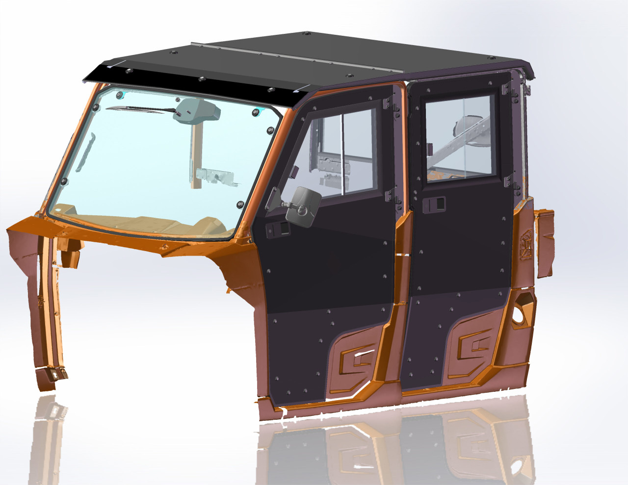 Polaris Ranger XP900 Crew Protector hard cab enclosure by HardCabs - steel roof, tilt-out glass windshield, poly doors