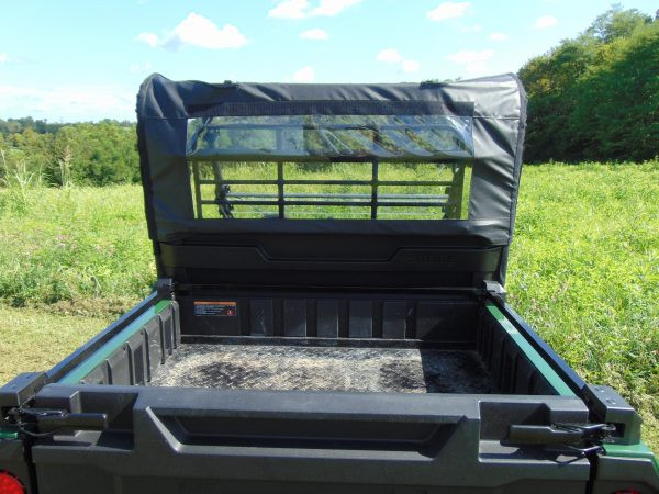 Rear view from the cargo bed of the 3 Star soft rear window panel with clear vinyl on the Kawasaki Mule Pro-MX