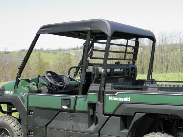 Rear three-quarter close view of the 3 Star black soft top on a green Kawasaki Mule Pro-MX