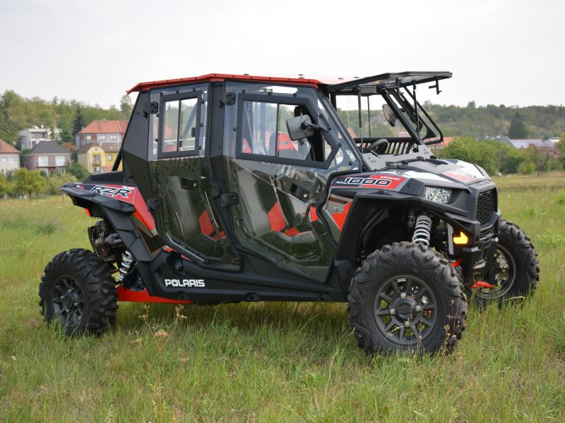 Polaris RZR 1000-4 Turbo hard cab enclosure by HardCabs - steel roof, tilt-out glass windshield, poly doors