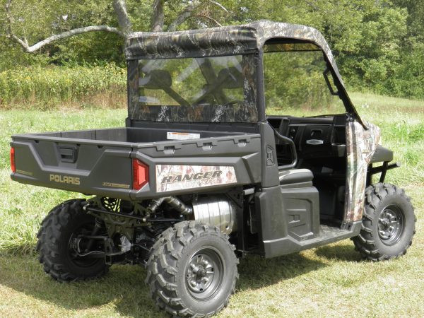 Rear three-quarter view of the camo 3 Star soft top and rear window on a Polaris Ranger XP900