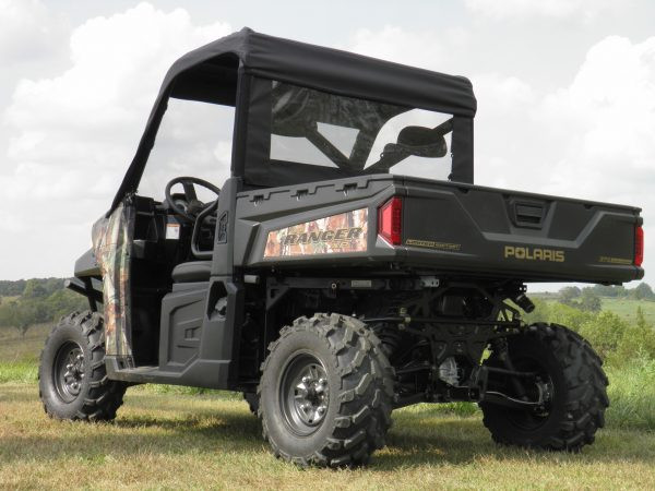 Rear three-quarter view of a Polaris Ranger XP900 with the black version of the 3 Star top and rear window combo