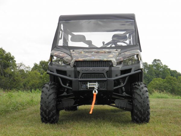 Front view of a camo Polaris Ranger XP900 with the 3 Star clear vinyl windshield and camo top combo installed