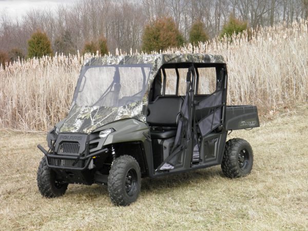 3 Star camo vinyl windshield and top on a green Polaris Ranger 570-6 Crew, driver side front three-quarter view
