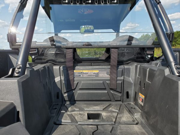 3 Star 2-piece Lexan back panel on a Polaris RZR XP 1000 seen from the cargo bed, clear panels with the roof above