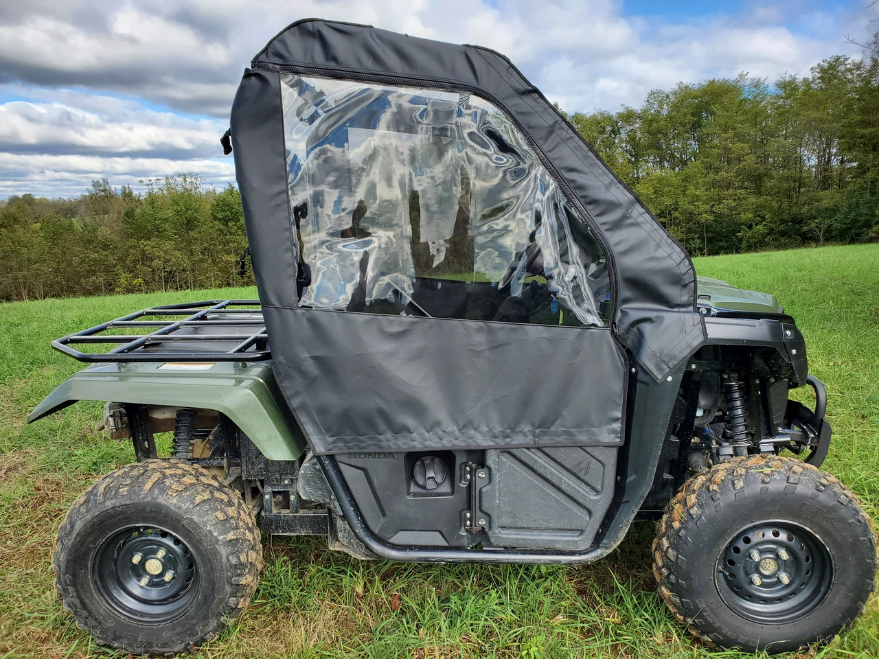 3 Star soft doors on a green Honda Pioneer 500, passenger side view with clear window and lower panel