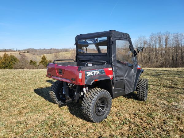 Rear three-quarter view of the 3 Star soft doors and rear window on a red Hisun Sector 450