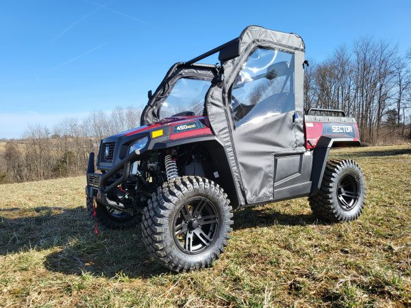 Front corner view of a Hisun Sector 450 with 3 Star soft doors and a vinyl windshield fitted